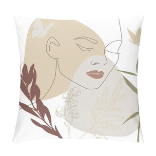 Personality  A Postcard With A Female Face, A Silhouette, Floral Elements, A Drawing In One Line.  Pillow Covers