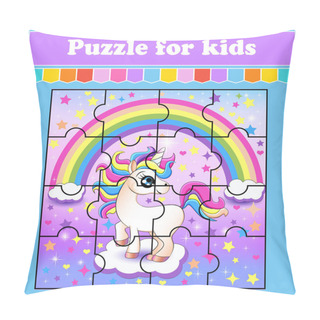 Personality  Puzzle Game For Kids. Illustration Of A Bright Unicorn On A Cloud With Rainbow And Stars. Education Worksheet. Color Activity Page. Riddle For Preschool. Isolated Vector Illustration. Cartoon Style. Pillow Covers