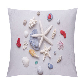 Personality  Beautiful White Starfish, Shells, Red, White And Blue Corals, Glass, Sea Pebbles Lie On Light Gray Modern Concrete Background. Concept Of Summertime On Beach. Bright Nautical Postcard Summer Holidays. Pillow Covers