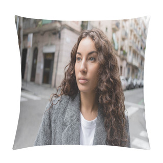 Personality  Brunette And Pretty Young Woman In Casual Jacket Looking Away While Standing On Blurred City Street With Buildings At Background In Barcelona, Spain  Pillow Covers