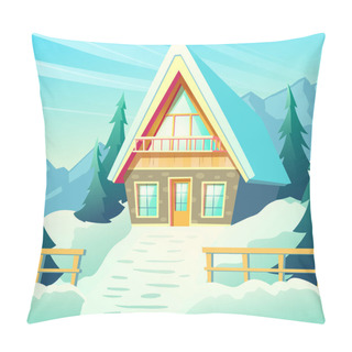 Personality  Village House In Winter Mountains Cartoon Vector Pillow Covers