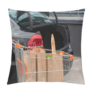 Personality  Black Car With Open Trunk Near Shopping Trolley With Grocery Pillow Covers