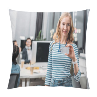 Personality  Young Caucasian Girl Showing Name Tag At Modern Office Pillow Covers