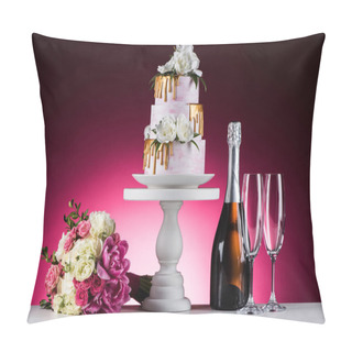 Personality  Wedding Bouquet, Cake And Champagne On Pink Pillow Covers