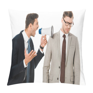 Personality  Aggressive Boss Yelling With Megaphone At Upset Employee Isolated On White Pillow Covers