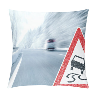 Personality  Winter Driving - Icy Road With Warning Sign Pillow Covers