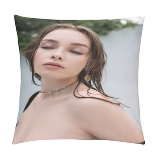Personality  Portrait Of Stylish Woman With Wet Hair Closing Eyes At Resort  Pillow Covers