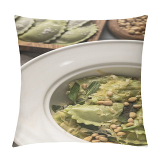 Personality  Close Up View Of Tasty Green Ravioli Served In Plate With Sage, Pine Nuts And Grated Cheese  Pillow Covers