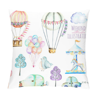Personality  Illustration Set With Watercolor Elements Of Weekend Time And Amusement Park Pillow Covers