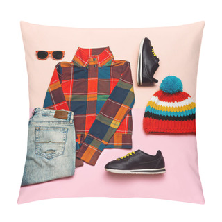 Personality  Set Of Clothes. Top View Checkered Jacket And Bright Accessories Pillow Covers