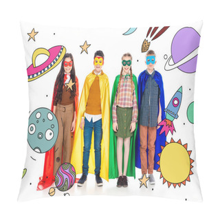 Personality  Happy Kids In Superhero Costumes And Masks Looking At Camera Near Planets And Stars On White Pillow Covers
