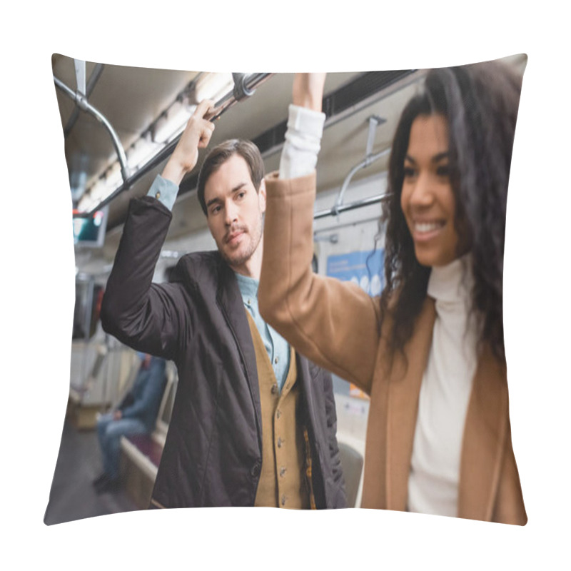 Personality  Man Looking At Cheerful African American Woman In Subway On Blurred Foreground Pillow Covers