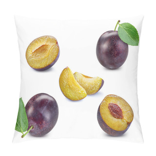 Personality  Isolated Plum Half With Leaf. Plum Fruit On White Background With Clipping Path. As Design Element. Pillow Covers