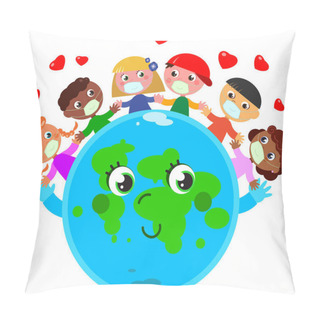 Personality Happy Cute Planet Earth With Children With Protection Masks In Peace And Love. Digital Illustration Pillow Covers