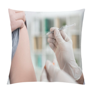 Personality  Cropped View Of Doctor In Latex Gloves Holding Syringe And Vaccine On Blurred Foreground Near Patient  Pillow Covers