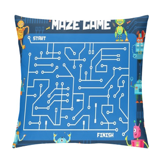 Personality  Labyrinth Maze Game, Cartoon Funny Robots And Droids, Vector Puzzle Worksheet. Kids Escape Puzzle Or Labyrinth Maze Riddle On Computer Motherboard To Search And Find Way Out For Robot Toys Pillow Covers