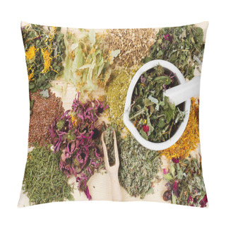 Personality  Healing Herbs On Wooden Table, Herbal Medicine Pillow Covers