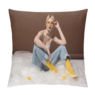 Personality  Beautiful Stylish Young Blonde Woman In Yellow Sunglasses Sitting And Looking At Camera In Studio  Pillow Covers