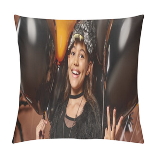 Personality  Close Up Happy Preteen Girl Surrounded With Black And Orange Balloons, Halloween Concept, Banner Pillow Covers