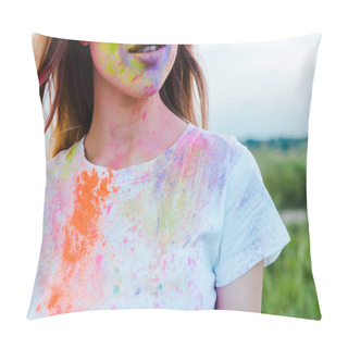 Personality  Cropped View Of Woman With Colorful Holi Paints On Face  Pillow Covers
