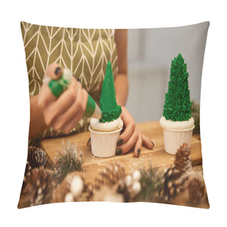 Personality  Selective Focus Of Confectioner Working With Christmas Tree Cupcakes Beside Spruce Cones On Table, Cropped View  Pillow Covers