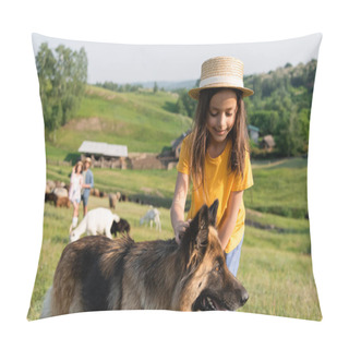Personality  Smiling Child In Straw Hat Stroking Cattle Dog Near Parents Herding Flock On Blurred Background Pillow Covers