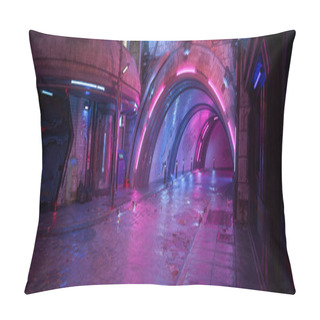 Personality  Wide Panoramic 3D Illustration Of A Dark Moody Futuristic Cyberpunk City Street. Pillow Covers