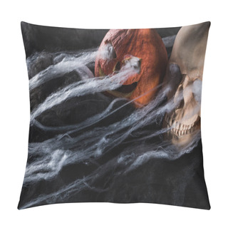 Personality  Spooky Human Skull And Carved Halloween Pumpkin On Black Background Pillow Covers