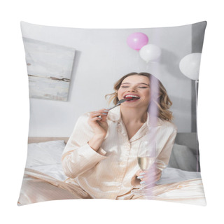 Personality  Positive Woman With Glass Of Champagne Eating Raspberry Near Balloons In Bedroom  Pillow Covers