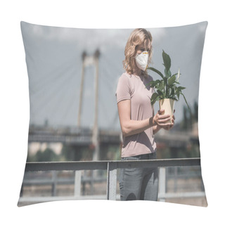 Personality  Woman In Protective Mask Holding Potted Plant On Street, Air Pollution Concept Pillow Covers