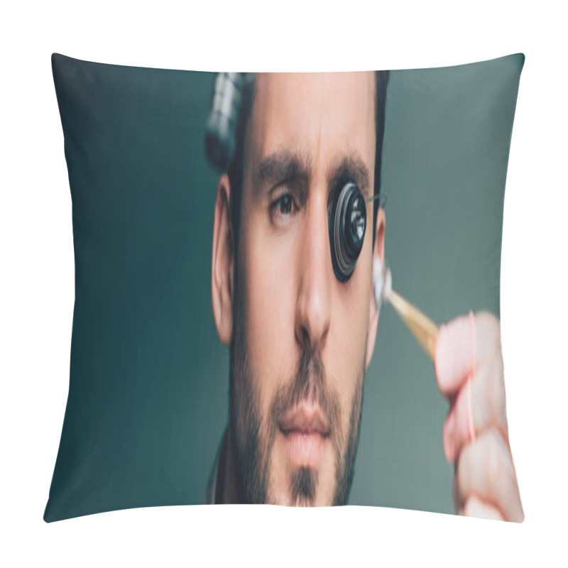 Personality  Selective Focus Of Watchmaker In Eyeglass Loupe Holding Watch Part, Panoramic Shot Pillow Covers