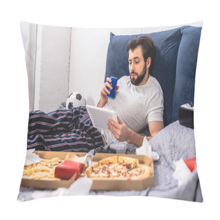 Personality  Handsome Loner Using Tablet And Holding Drink On Bed In Bedroom Pillow Covers