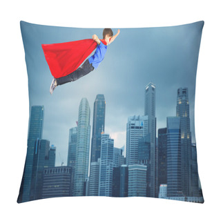 Personality  Boy In Red Superhero Cape Flying Over City Pillow Covers