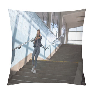 Personality  Stylish Female Tourist Looking At Wristwatch And Going Downstairs At Subway  Pillow Covers