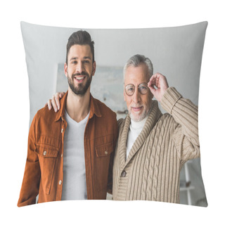 Personality  Handsome Man Smiling While Standing With Cheerful Senior Father Touching Glasses  Pillow Covers