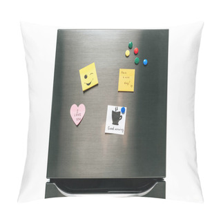 Personality  Notes With Wishes And Magnets Hanging On Fridge Isolated On White Pillow Covers