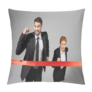 Personality  Successful Businessman Showing Win Gesture While Crossing Finish Ribbon Near Frustrated Woman Running On Grey Background Pillow Covers