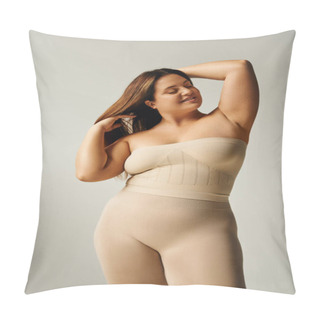 Personality  Radiant Woman With Closed Eyes Touching Hair And Posing With Bare Shoulders In Underwear Isolated On Grey Background In Studio, Body Positive, Self-love, Happy Plus Size  Pillow Covers