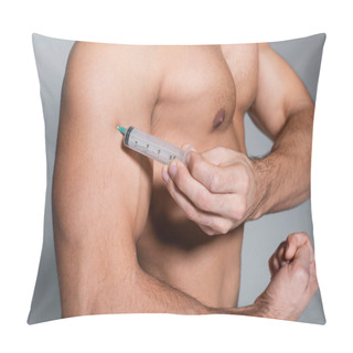 Personality  Cropped View Of Shirtless Sportsman Injecting Himself In Muscle Isolated On Grey Pillow Covers