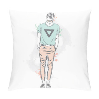 Personality  Stylish Man On A City Street . Hipster. Vector Illustration. Pillow Covers