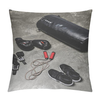Personality  High Angle View Of Various Boxing Equipment Lying On Concrete Surface Pillow Covers