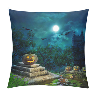 Personality  Halloween Pumpkins In Yard Of Old House Night In Bright Moonlight Pillow Covers