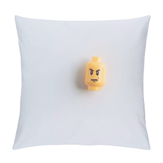 Personality  KYIV, UKRAINE - MARCH 15, 2019: Top View Of Lego Figurine Head With Angry Face On White With Copy Space Pillow Covers