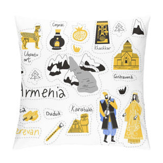 Personality  Armenia Icons Set Stickers. Erevan Journey Travel Landmark. Symbols Country. Stickers Design. Doodle Elements For The Invitation, Greeting Card, Banner. Isolated Vector Illustration. Pillow Covers