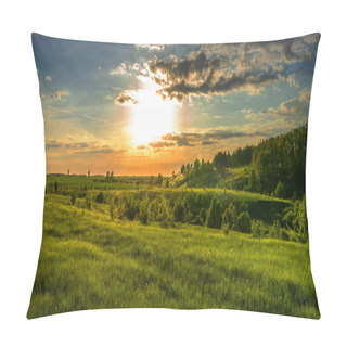 Personality  Magnificent Scenery, Sunset Over Fields, Ravines And Forests, Turquoise Orange Sky And Bright Green Grass And Leaves Of Trees Pillow Covers