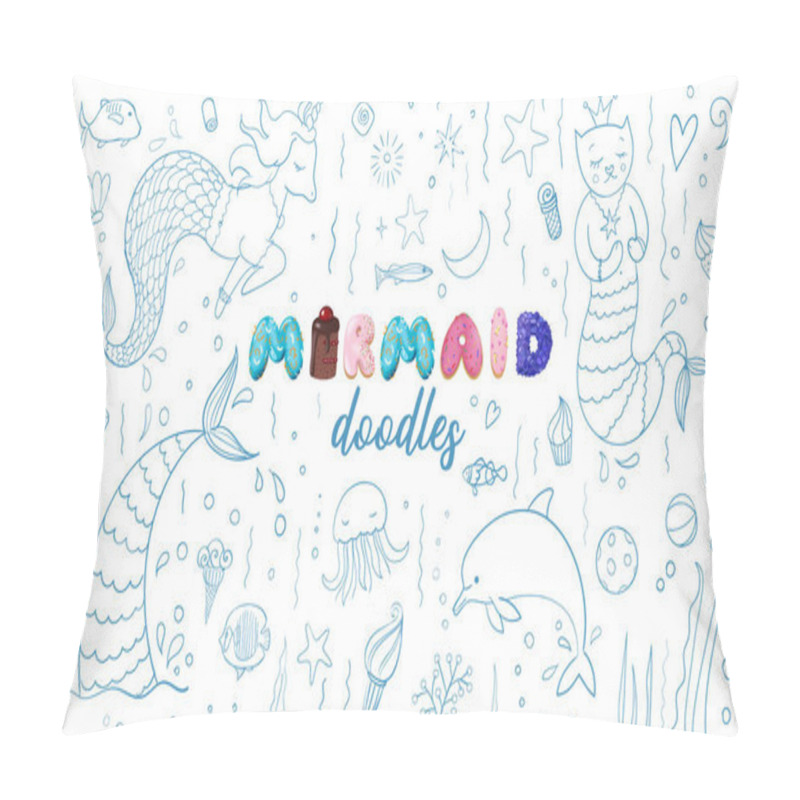 Personality  Set Of Cute Kids Doodle Sketches For Mermaid Party Theme. Purrmaid, Unicorn, Sweeties. Vector Illustration Pillow Covers