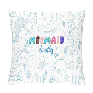 Personality  Set Of Cute Kids Doodle Sketches For Mermaid Party Theme. Purrmaid, Unicorn, Sweeties. Vector Illustration Pillow Covers