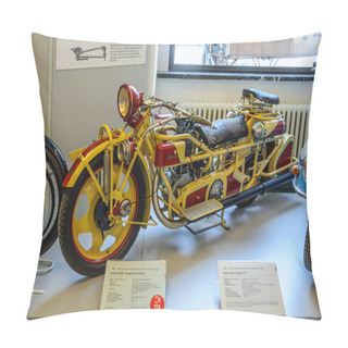 Personality  DRESDEN, GERMANY - MAI 2015: Motorbike Boehmerland - Long Tour Model 1927 Transport Museum On Mai 25, 2015 In Dresden, Germany Pillow Covers