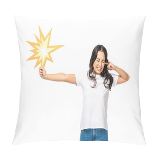 Personality  Scared Asian Woman With Closed Eyes Holding Bang Sign And Closing Ear Isolated On White Pillow Covers