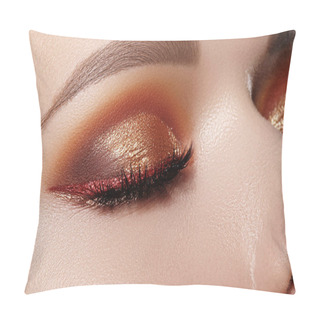 Personality  Closeup Macro Of Woman Face With Gold Glitter Eyes Make-up, Bright Red Liner. Fashion Celebrate Makeup, Glowy Clean Skin, Perfect Shapes Of Brows. Shiny Simmer And Metalic Eye Shadows Pillow Covers